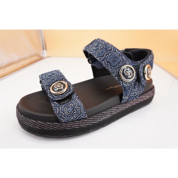 Salvatore Ferragamo Kalie Gal QT Denim Logo Sandal SZ 9.5 C Button $850 NIB - Picture 3 of 9